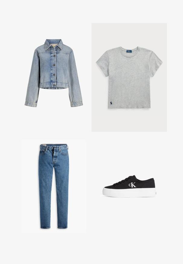 Hellblaue Denimjacke mit langen Ärmeln, Knopfleiste und klassischem Kragen, leicht tailliert und etwas kürzer geschnitten.; Graues Baumwoll-T-Shirt mit kurzen Ärmeln, Rundhalsausschnitt und kleinem marineblauen Logo auf der unteren linken Seite. Weicher Stoff, lässiges Design.; Hellblaue Denim-Jeans mit geradem Schnitt, fünf Taschen und klassischem Knopfverschluss. Mit orangefarbenen Nähten und einer leicht verwaschenen Textur.; Schwarzer Low-Top-Canvas-Sneaker mit dicker weißer Plateau-Sohle und weißem "cK"-Logo an der Seite, zugeschnürt, in rechter Seitenansicht gezeigt.
