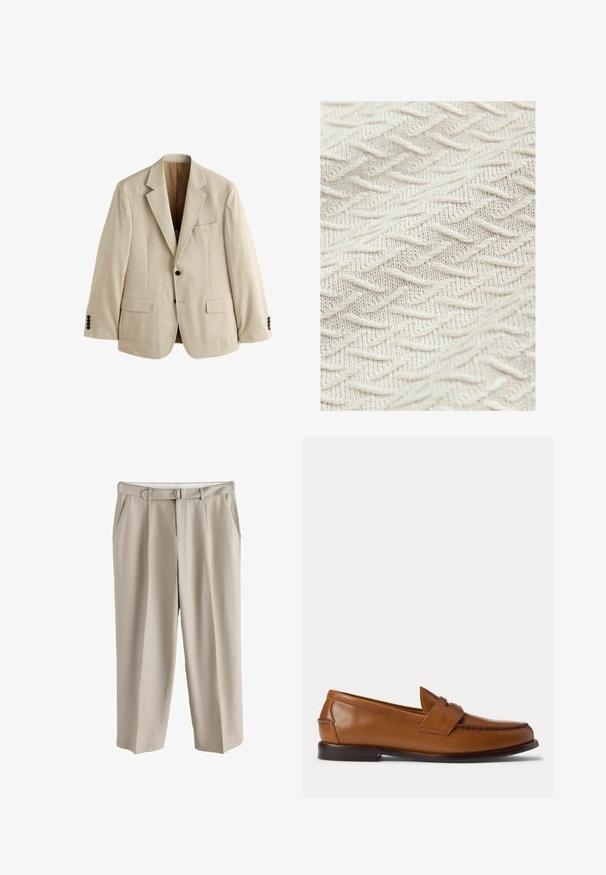Blazer beige de hombre con solapas con muesca, dos bolsillos frontales con solapa, un bolsillo en el pecho y dos botones negros en cada puño.; Tela texturizada de color crema, con un patrón de zigzag y hilos elevados para aportar profundidad y dimensión. Textura ligera y suave.; Pantalones beige de pierna ancha con trabillas, dos bolsillos laterales y un cinturón de tela a juego con hebilla metálica en forma de D.; Zapato tipo mocasín penny loaf de cuero marrón con tacón bajo y detalles cosidos en la parte frontal y los laterales, mostrado de lado sobre un fondo blanco.