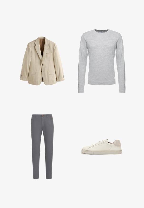 Beige herenblazer met een ingesneden revers, twee klepzakken aan de voorkant, één borstzak en twee zwarte knopen op elke manchet.; Lichtgrijze trui, lange mouw, ronde hals, zachte textuur, minimalistisch ontwerp, klein logolabel op de linkeronderzoom.; Grijze katoenen broek met een aansluitend ontwerp, voorzien van een knoopsluiting, standaardzakken en een gladde textuur.; Witte leren lage sneaker met witte veters, licht gestructureerde zool en lichtgrijze suède hielpatch, zijaanzicht.