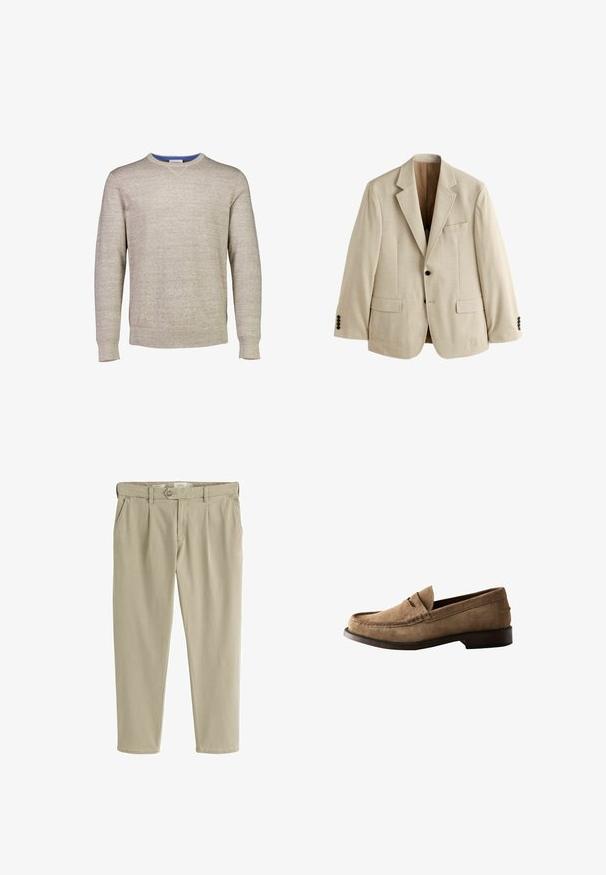 Blazer beige de hombre con solapas con muesca, dos bolsillos frontales con solapa, un bolsillo en el pecho y dos botones negros en cada puño.; Suéter beige claro hecho de tela de punto texturizada. Presenta un cuello redondo con un acento azul en el interior del cuello. Mangas largas.; Pantalones casual beige de corte recto con cierre frontal de botón y cremallera, trabillas para cinturón y bolsillos laterales.; Zapato mocasín de cuero ante marrón con tacón bajo y detalle clásico de tira para moneda, mostrado de lado sobre fondo blanco.