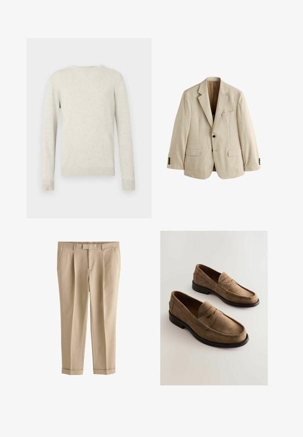 Beige herenblazer met een ingesneden revers, twee klepzakken aan de voorkant, één borstzak en twee zwarte knopen op elke manchet.; Beige trui met lange mouwen en ronde hals, voorzien van ribbels aan de mouwen en onderkant, gepresenteerd tegen een eenvoudige witte achtergrond.; Beige op maat gemaakte broek met zijzakken, riemlussen, ritssluiting aan de voorkant en omslagzomen, ontworpen voor een slanke, formele pasvorm.; Bruine suède instappers met een mocassinontwerp, gestikte details en een gladde leren zool. Kenmerkt een subtiele verhoogde naden over de voet.