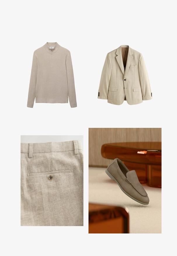Beiger Herrenblazer mit Kerbfallkragen, zwei vorderen Pattentaschen, einer Brusttasche und jeweils zwei schwarzen Knöpfen an jedem Ärmelabschluss.; Beige gerippter Pullover mit hohem Kragen und halbem Reißverschluss. Lange Ärmel und ein figurbetonter Saum ergänzen das strukturierte Aussehen.; Leinenbeige Hose mit glatter Textur, schlanker Passform und einer Gesäßtasche mit braunem Knopfdetail.; Beiger Wildleder-Slipper mit sichtbarer Naht und heller Sohle, auf einem cremefarbenen Teppich platziert, mit orange-transparenten Möbeln im Hintergrund.