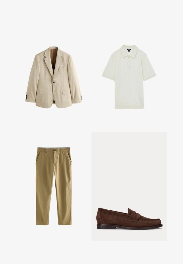 Beige herenblazer met een ingesneden revers, twee klepzakken aan de voorkant, één borstzak en twee zwarte knopen op elke manchet.; Cremekleurige polo met ritssluiting, gemaakt van zachte stof, heeft een puntkraag, korte mouwen en een rechte zoom.; Khaki chino's gemaakt van een katoenmix, met een knoopsluiting, twee voorzakken en een recht gesneden pijp. Glad, lichtgewicht textuur.; Bruine suède penny loafer met lage hak en zichtbare stiksels langs de neus, zijkant en achterkant, weergegeven op een effen lichte achtergrond.