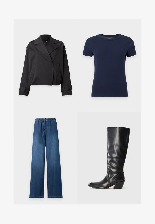 Veste courte noire avec larges revers, poches avant et poignets boutonnés, présentée sur un fond gris uni.; T-shirt à manches courtes en maille côtelée bleu marine avec encolure ronde et silhouette ajustée sur fond blanc.; Pantalon large en denim bleu avec ceinture élastique et cordon de serrage, sans poches visibles ni ornements, présenté sur un fond uni.; Botte en cuir noir montante jusqu'au genou avec un bout pointu, un talon angulaire et une texture lisse. Présente une subtile couture sur le côté.