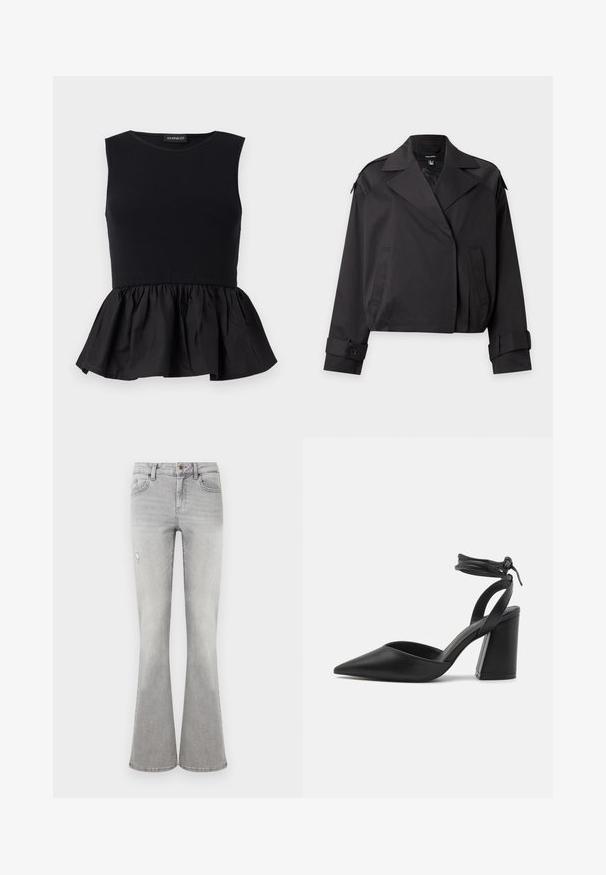 Schwarze kurze Jacke mit breiten Revers, Fronttaschen und knöpfbaren Manschetten, vor einem einfarbigen grauen Hintergrund dargestellt.; Schwarzes ärmelloses Oberteil mit geripptem oberen Abschnitt und einem ausgestellten, gerafften Peplum-Boden. Glatte Textur in durchgehend einfarbigem Design.; Hellgraue, taillierte Damen-Jeans mit ausgestelltem Bein, vorderen Taschen, Knopfverschluss und einem kleinen Used-Detail am linken Oberschenkel.; Schwarzer spitzer Pump mit strukturiertem Blockabsatz, glattem Leder und verstellbarem Knöchelriemen für einen sicheren Sitz.