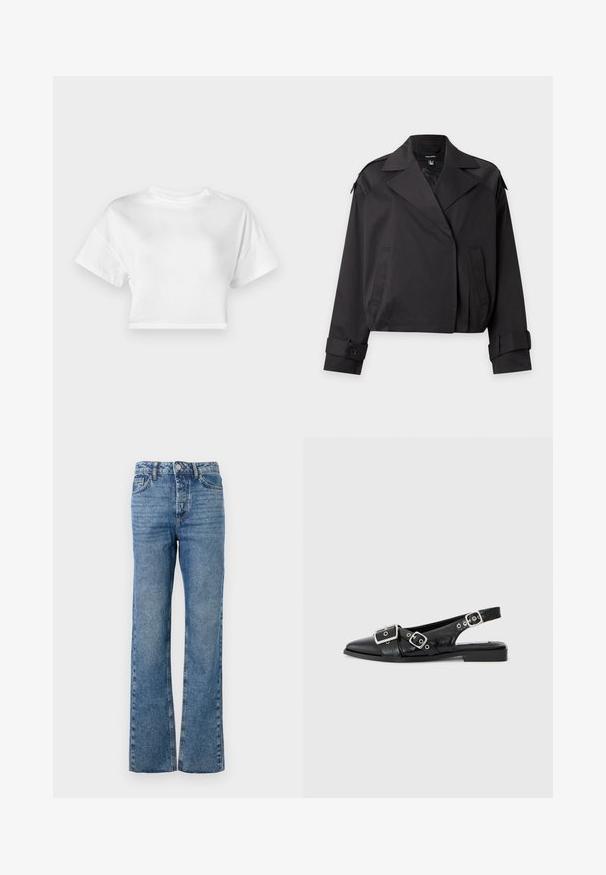 Chaqueta negra corta con solapas anchas, bolsillos frontales y puños con botones, mostrada sobre un fondo gris liso.; Camiseta corta blanca de algodón. Mangas cortas, escote redondo, textura suave, diseño casual sin patrones ni adornos.; Vaqueros acampanados de mezclilla en color azul. Presentan cinco bolsillos, cierre de botón y cremallera, con un patrón desgastado en las piernas y un ajuste recto.; Zapato slingback de cuero negro con punta afilada, dos hebillas plateadas y un tacón bajo tipo bloque. Presenta un empeine texturizado y parte trasera abierta.