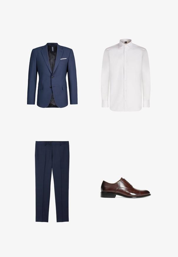 Marineblauw herenpakjasje met inkepingrevers, twee knopen, klepzakken en een wit pochet in het borstzakje.; Witte lange mouw blouse met een gladde stof, klassieke kraag en een afgeronde zoom, met knopen aan de voorkant en manchetten.; Marineblauwe, op maat gemaakte broek van een soepele stof. Voorzien van een knoopsluiting, zijzakken en een recht model.; Bruine leren schoenen met een slank ontwerp, ronde neus, vetersluiting aan de voorkant en een gladde textuur; heeft minimale stiksels en een lage hak.
