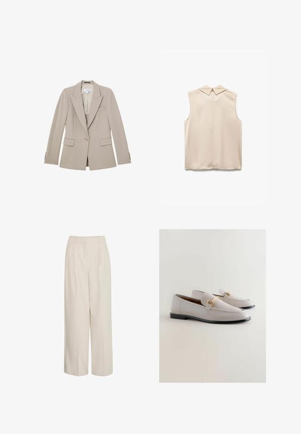 Beige skræddersyet blazer med enkelt-knap lukning, hakkede revers, lommer med klap og knapdetaljer på ærmekanterne.; Beige ærmeløs bluse med spids krave, glat stof og en nøglehulåbning bagpå. Minimalistisk design og skræddersyet form.; Højtaljede cremede bukser med brede ben og pressefolder, lavet af glat stof, med et rent design og skræddersyet pasform.; Lys grå læder loafers med et strømlinet design, der har guldfarvet detaljer og en sort sål. Glat tekstur og spids tåform.