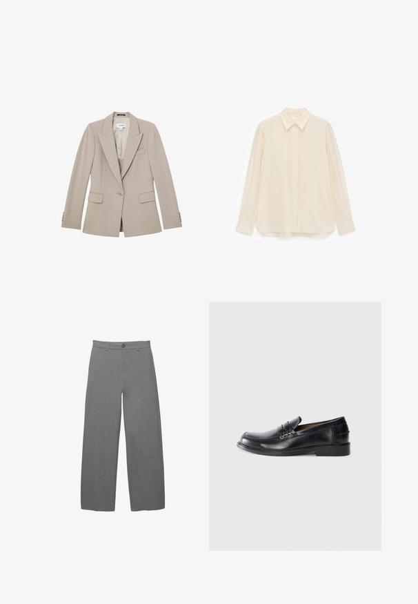 Blazer beige ajusté avec une fermeture à un bouton, des revers crantés, des poches à rabat et des détails à boutons sur les poignets.; Chemise boutonnée de couleur crème en tissu lisse, dotée d'un col, de manches longues et d'un ourlet légèrement arrondi.; Pantalon gris clair à jambes larges avec un tissu texturé et lisse, doté d'une fermeture à boutons à l'avant et de passants pour ceinture à la taille.; Mocassins en cuir noir avec un bout arrondi, des détails cousus et un petit talon carré. Texture lisse avec un subtil éclat.