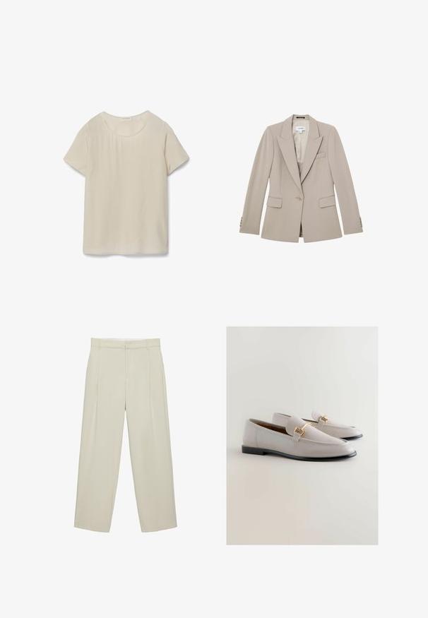Beige skræddersyet blazer med enkelt-knap lukning, hakkede revers, lommer med klap og knapdetaljer på ærmekanterne.; Kortsleeve, lys beige bluse med rund halsudskæring og glat tekstur. Har et rent, enkelt design uden yderligere mønstre eller detaljer.; Beige højtaljede skræddersyede bukser med sidelommer, bæltestropper og lynlås foran, i en rette bukseben pasform.; Lys grå læder loafers med et strømlinet design, der har guldfarvet detaljer og en sort sål. Glat tekstur og spids tåform.