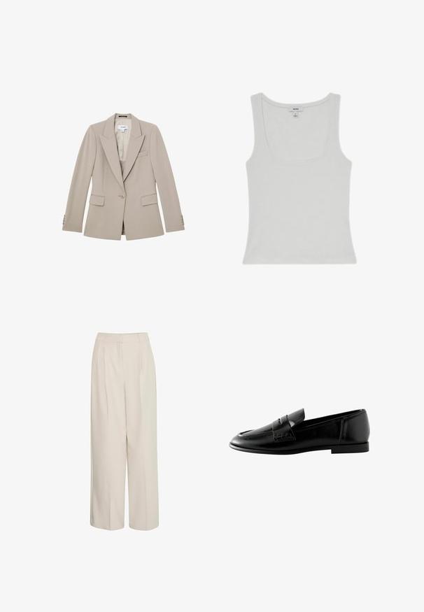 Beiger, maßgeschneiderter Blazer mit Ein-Knopf-Verschluss, Schalkragen mit Kerbe, Pattentaschen und Knopfdetails an den Manschetten.; Weißes ärmelloses, geripptes Tanktop mit Rundhalsausschnitt und kleinem Markenlabel im Krageninnenteil.; Hochtaillierte, cremefarbene, weite Hosen mit Falten, aus glattem Stoff, mit einem schlichten Design und taillierter Passform.; Schwarze Lederloafer mit runder Zehenform, dekorativer Naht und einem Überzug. Glatte Oberfläche und niedriger Absatz.