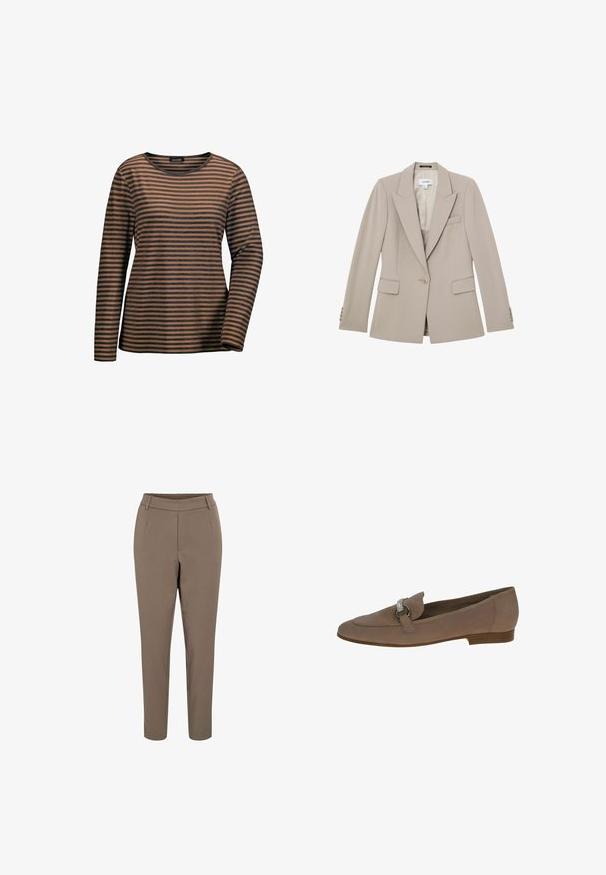 Beige op maat gemaakte blazer met een enkele knoopsluiting, ingesneden revers, klepzakken en knoopdetails op de manchetten.; Gestreepte lange mouwen shirt in warm bruin en donkerblauw. Zachte stof met een ronde halslijn en een relaxte pasvorm. Standaard mouwen met manchet.; Slim-fit bruine broek met een elastische tailleband, riemlussen en een voorkant met rits, weergegeven op een witte achtergrond.; Beige suède instappers met een ronde neus, voorzien van een decoratieve zilveren gesp op de bovenkant en een lage gestapelde hak.