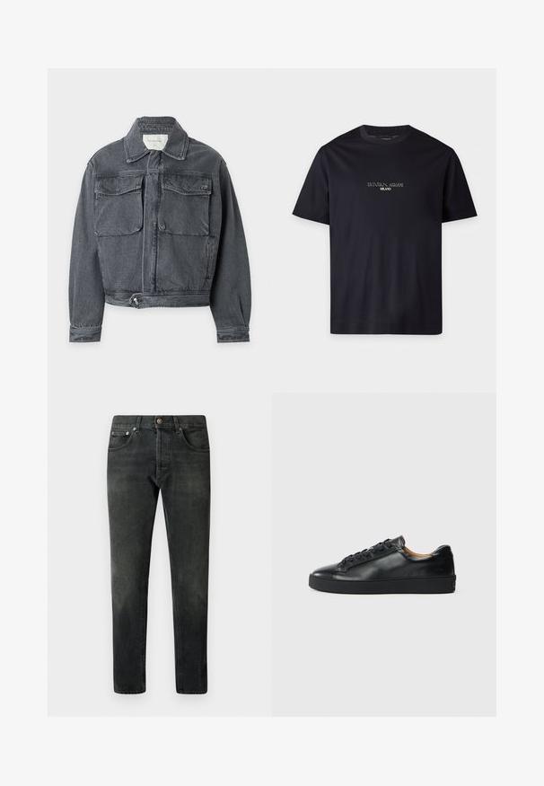 Veste en denim gris foncé avec col, deux poches avant à rabat, taille ajustable boutonnée et manches longues sur fond clair.; T-shirt noir à manches courtes avec col rond, texte "EMPORIO ARMANI MILANO" centré sur la poitrine en petite police blanche.; Jean en denim noir avec une coupe droite, cinq poches et une fermeture à bouton. Présente une finition décolorée et des détails de couture subtils.; Baskets en cuir noir avec une texture lisse, bout rond et fermeture à lacets. Comprend une semelle en caoutchouc épaisse et un minimum de détails de marque.