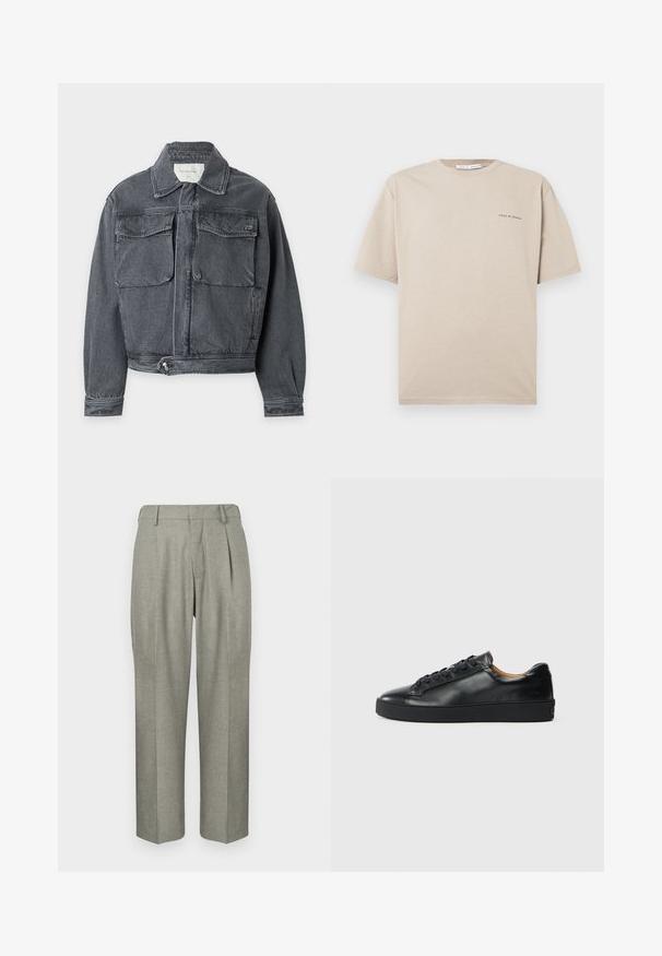 Veste en denim gris foncé avec col, deux poches avant à rabat, taille ajustable boutonnée et manches longues sur fond clair.; T-shirt beige à manches courtes en coton doux, avec un col rond et un logo minimaliste "Tiger of Sweden" noir sur la poitrine gauche.; Pantalons gris clair en tissu texturé. Ils présentent une coupe droite, des plis à l'avant et une taille plate.; Baskets en cuir noir avec une texture lisse, bout rond et fermeture à lacets. Comprend une semelle en caoutchouc épaisse et un minimum de détails de marque.
