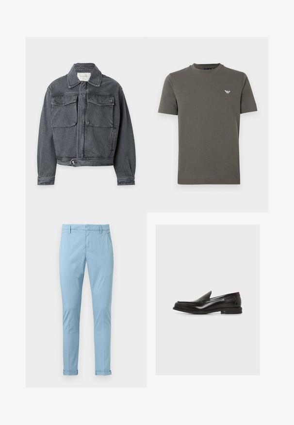 Veste en denim gris foncé avec col, deux poches avant à rabat, taille ajustable boutonnée et manches longues sur fond clair.; T-shirt en coton vert olive avec col rond, manches courtes et petit logo blanc sur la poitrine gauche. Texture lisse, design minimaliste.; Pantalon bleu clair ajusté avec passants de ceinture, poches latérales et revers roulés sur fond blanc.; Mocassin en cuir noir à enfiler avec un petit talon et des détails cousus, étiquette latérale, sur fond blanc uni.