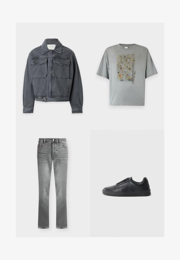Veste en denim gris foncé avec col, deux poches avant à rabat, taille ajustable boutonnée et manches longues sur fond clair.; T-shirt oversized gris avec un imprimé abstrait estompé représentant une foule et le texte vertical "WON HUNDRED" au centre avant.; Jean gris à coupe droite, fermeture par bouton et zip, poches avant et arrière, avec des détails subtilement délavés.; Chaussure de sport en cuir noir avec une finition lisse, bout arrondi, panneau latéral texturé et lacets noirs. Présente une semelle en caoutchouc plate et un design minimaliste.