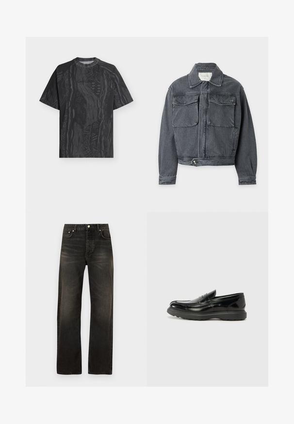 Veste en denim gris foncé avec col, deux poches avant à rabat, taille ajustable boutonnée et manches longues sur fond clair.; T-shirt noir à manches courtes avec col rond, motif abstrait gris foncé subtil et tissu texturé, présenté à plat sur un fond clair.; Jean denim noir à jambes droites avec un effet délavé, fermeture avant par bouton et fermeture éclair, et design à cinq poches.; Mocassin en cuir noir avec une finition brillante, bout arrondi, détails de couture subtils et semelle en caoutchouc épaisse pour la durabilité.