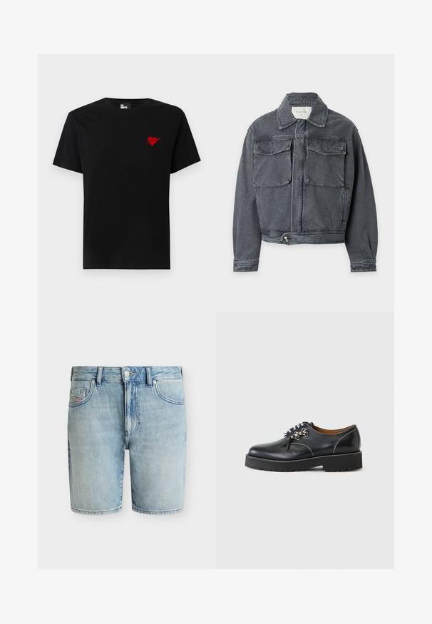 Donkergrijs denimjack met kraag, twee voorzakken met klep, knoop verstelbare taille en lange mouwen tegen een lichte achtergrond.; Zwarte katoen T-shirt met een klein rood hart en pijlenontwerp op de linkerkant van de borst. Standaard crew neckline met korte mouwen.; Lichtblauwe spijkershort met voorste knoop en rits, riemlussen en vijf-zakken stijl op een effen achtergrond.; Zwarte leren veterlaars met chunky zool en metalen veteroogjes, zichtbare witte stiksels en een bruine voering, gezien vanaf de buitenkant.
