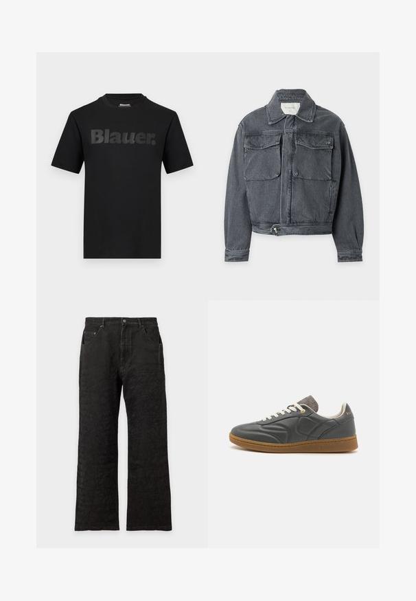 Veste en denim gris foncé avec col, deux poches avant à rabat, taille ajustable boutonnée et manches longues sur fond clair.; T-shirt noir à manches courtes avec l'inscription "Blauer." en grandes lettres gris foncé sur la poitrine et un col rond.; Jean noir à coupe droite avec poches avant, fermeture par boutons et motif texturé subtil sur tout le tissu.; Baskets en cuir gris foncé avec un bout arrondi, lacets blancs, semelle en caoutchouc beige et légers accents en tissu gris au niveau du col. Détail du logo doré.