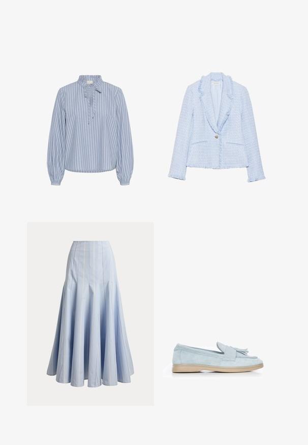 Lichtblauwe tweed blazer met een raffelrand bij de kraag en manchetten, enkele knoopsluiting en twee voorkzakken. Gladde binnenvoering.; Kaffe KAMILINA - Blouse - windward blue melange stripe; Lichtblauwe lange rok met verticale witte naaldstrepen en uitlopende paneeldetails, getoond op een effen achtergrond.; Lichtblauwe suède moccasinstijl schoen met een vlakke tan zool en franjes aan de voorkant. Beschikt over een gladde textuur en een casual ontwerp.
