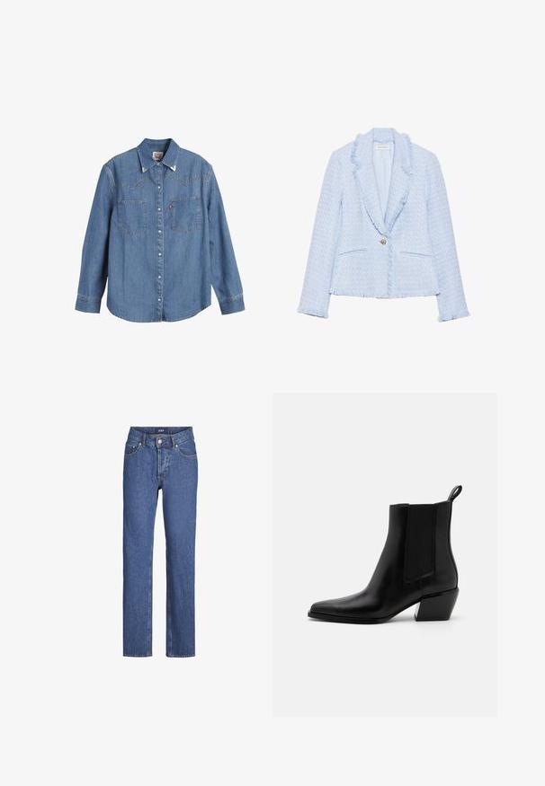 Hele sinine tweed bleiser, millel on hõreda krae ja varrukad, ühekohaline nööp ja kaks esist taskut. Sile sisemine vooder.; Heledsinine denim särk pika varrukaga, terava krae, kahe rinnatasku ja kontrastsete õmblustega. Omab läänest inspireeritud kätetõusu disaini.; Sinine denimitest tõmblukuga püksid, sirge säärega disain, viis taskut ja ees nööbiga sulgemine. Erakordsed kontrastselt õmblused ja sile tekstuur.; Mustad nahast pahkluu saapad terava nina, elastsete külgpaneelidega ja madala plokknäoga. Omab tõmbluku silmust kanna juures, mis teeb kasutamise lihtsaks.