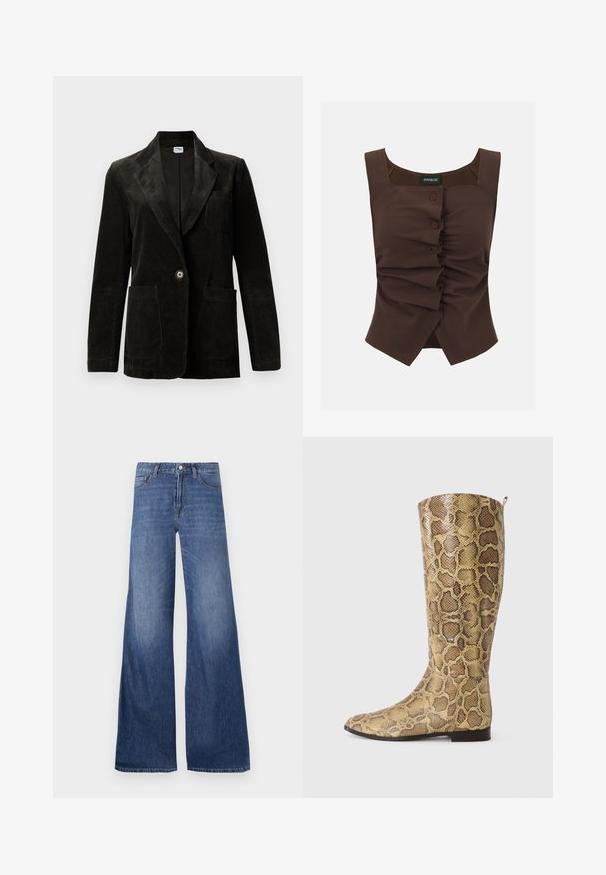 Blazer en velours côtelé noir avec un col cranté, fermeture à un bouton, poche poitrine et deux poches avant. Tissu texturé avec des rayures verticales.; Blouse marron sans manches avec encolure carrée et boutons sur le devant créant un détail froncé et asymétrique au centre.; Jean en denim à jambes larges dans un délavage bleu moyen, comportant cinq poches, des passants de ceinture et une fermeture à bouton. Texture lisse avec un léger dégradé.; Bottes jusqu'aux genoux avec un design en imprimé serpent et un motif texturé marron doré, présentant une semelle plate et une discrète languette en haut.