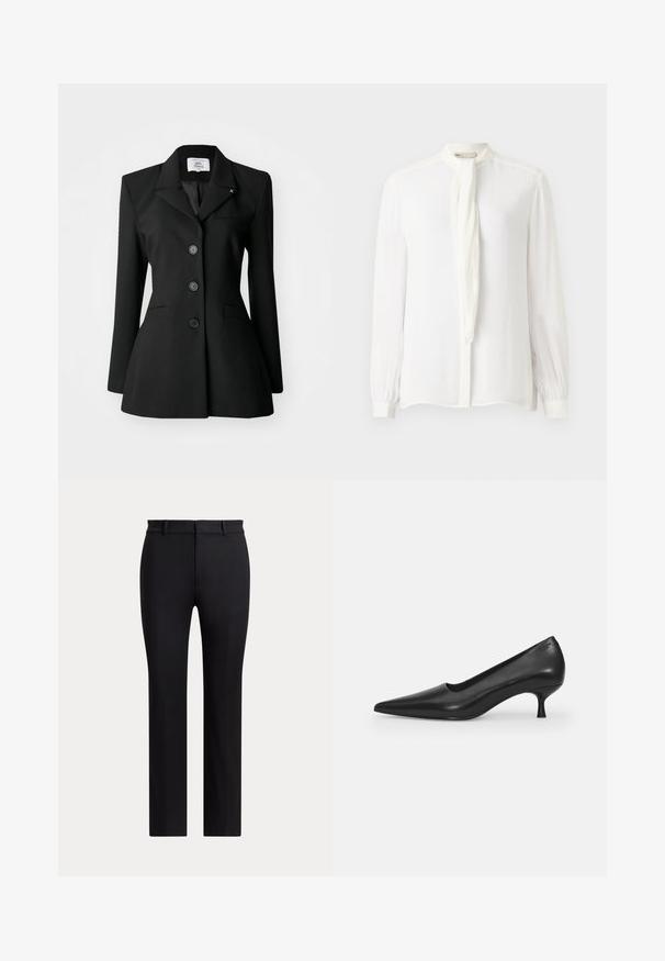 Zwarte op maat gemaakte blazer met een notch lapel, dubbelzijdige knopen, voorzakken en een aansluitende pasvorm. Soepele stoftextuur.; Witte blouse met lange mouwen, hoge kraag en een dunne strik. Gemaakt van stevige stof met gegatherde manchetten en een knoopsluiting aan de voorkant.; Zwarte, op maat gemaakte broek met rechte pijpen, riemlussen en een voorsluiting, getoond tegen een effen lichte achtergrond.; Zwarte leren hoge hak schoen met een spitse neus, gebogen ontwerp en een slanke 5 cm hak. Gladde textuur met minimale versieringen.