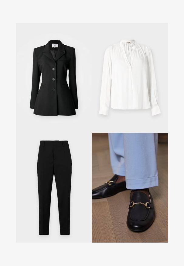 Blazer noir ajusté avec un revers à cran, des boutons double boutonnage, des poches avant et une silhouette cintrée. Texture de tissu lisse.; Blouse blanche à manches longues avec col montant, plis froncés près de l'encolure et patte de boutonnage avant dissimulée.; Pantalons noirs avec une coupe ajustée, dotés de poches latérales, d'une texture lisse et d'un design épuré qui se resserre vers la cheville.; Mocassins en cuir noir avec un détail en métal doré portés avec un pantalon bleu clair sur un sol en bois.