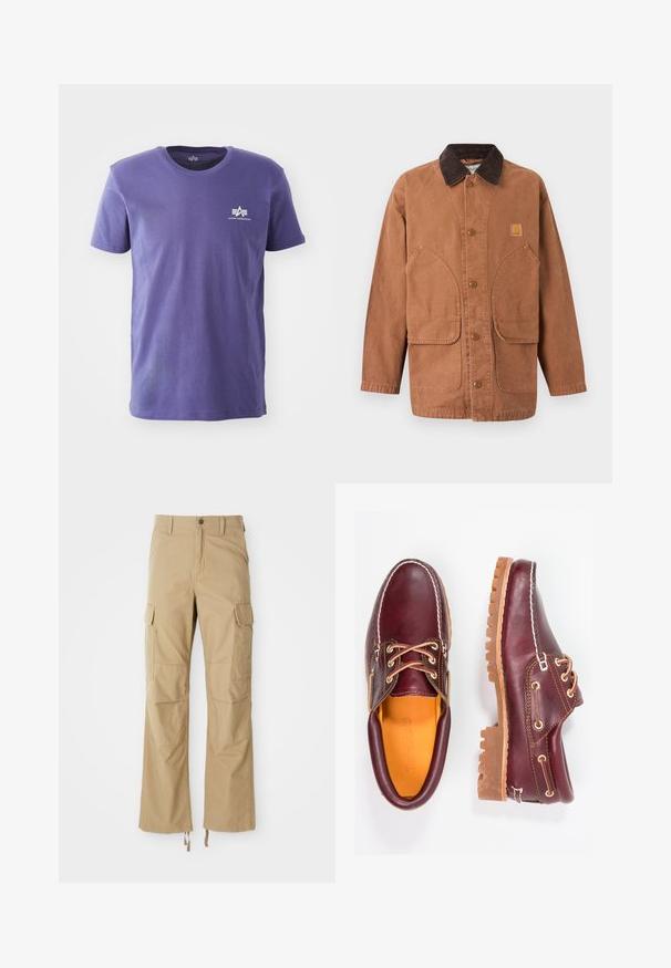 Veste en toile marron avec un col en velours côtelé, fermeture à boutons sur le devant et deux grandes poches plaquées. Comprend un écusson logo sur la poitrine.; T-shirt violet à manches courtes et col rond avec petit logo blanc Alpha Industries sur la poitrine gauche, sur fond blanc.; Pantalons cargo kaki en tissu durable, dotés de plusieurs poches latérales, d'une coupe droite et de cordons de serrage réglables à l'ourlet.; Chaussures en cuir bourgogne avec semelles en caoutchouc marron, bout rond, couture blanche et œillets dorés. L'intérieur présente une doublure jaune.