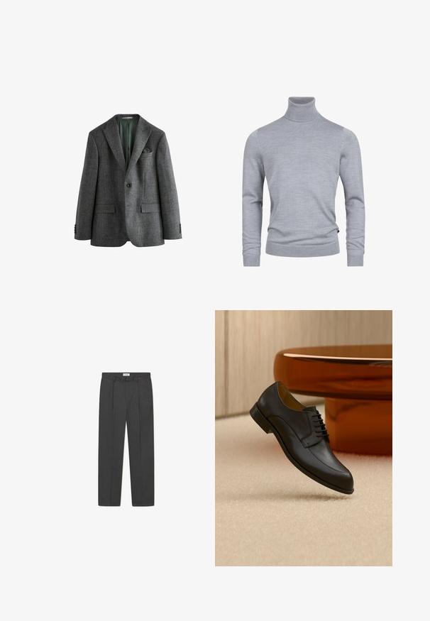 Grauer Blazer mit strukturiertem Muster, Kentkragen, Ein-Knopf-Verschluss und zwei Fronttaschen. Das Innenfutter ist grün. Geeignet für formelle Anlässe.; Grauer Rollkragenpullover aus weichem Strickstoff. Mit langen Ärmeln und einer figurbetonten Passform, verfügt über gerippte Bündchen und Saum. Einfache, glatte Textur.; Graue maßgeschneiderte Hose mit dezentem Karomuster, strukturiertem Gewebe und vorderen Falten, ausgestattet mit einem Bund mit Gürtelschlaufen.; Schwarzer Lederschnürschuh, der über einem beigen Teppich schwebt, mit einem runden orangefarbenen Tisch im Hintergrund.
