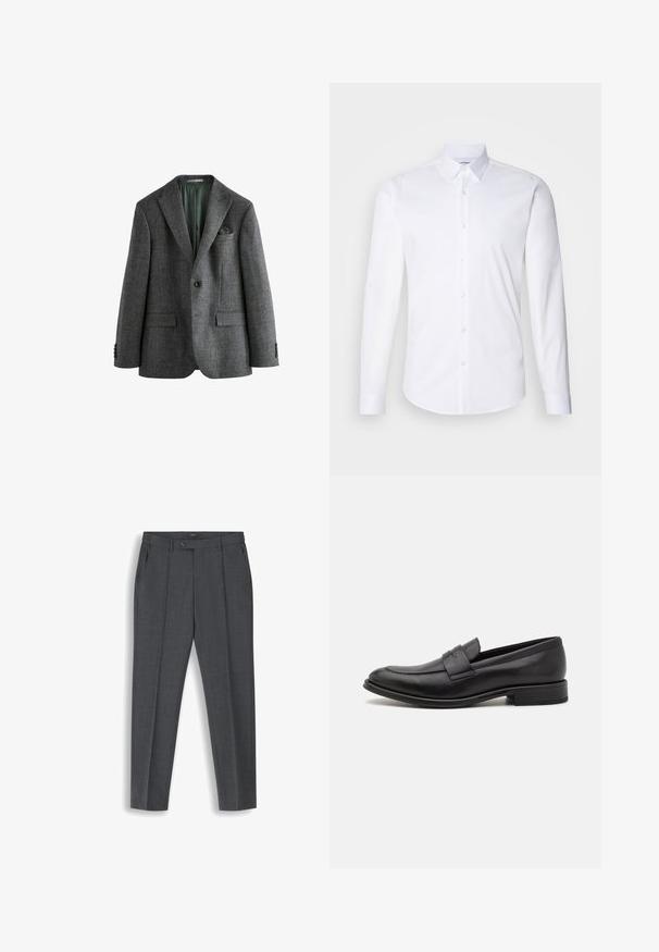 Grauer Blazer mit strukturiertem Muster, Kentkragen, Ein-Knopf-Verschluss und zwei Fronttaschen. Das Innenfutter ist grün. Geeignet für formelle Anlässe.; Weißes Langarm-Hemd mit Knopfverschluss aus glattem Baumwollstoff, mit klassischem Kragen und abgerundetem Saum.; Dunkelgraue maßgeschneiderte Herrenhose mit vorderen Bundfalten, Gürtelschlaufen, seitlichen Taschen und einem Knopfverschluss am Bund.; Schwarze Lederloafer mit glatter Oberfläche, einem dekorativen Riemen über dem Obermaterial, runder Zehenpartie und einem niedrigen, gestapelten Absatz.