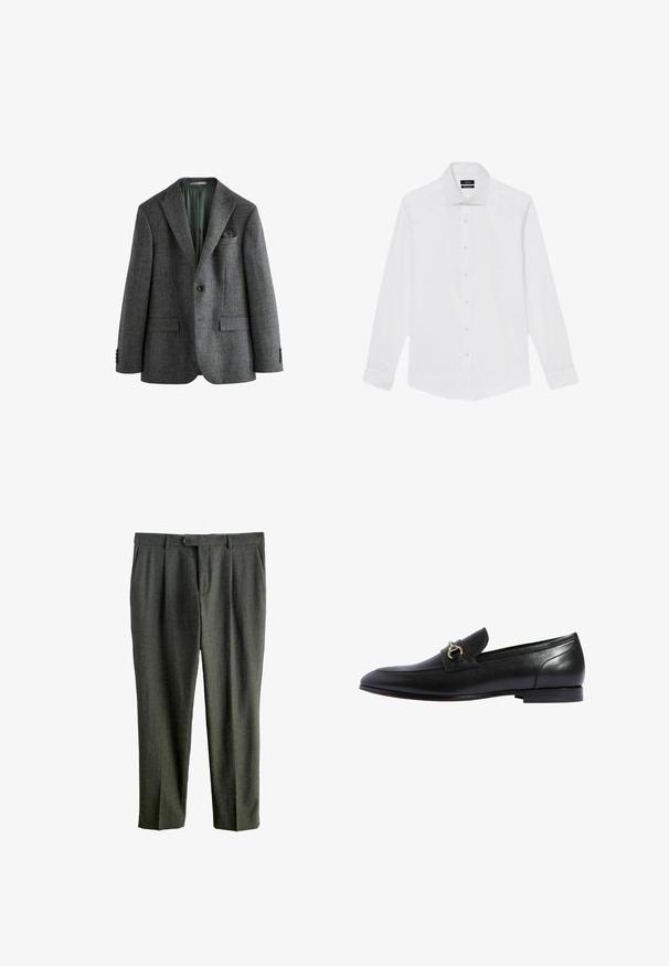 Grauer Blazer mit strukturiertem Muster, Kentkragen, Ein-Knopf-Verschluss und zwei Fronttaschen. Das Innenfutter ist grün. Geeignet für formelle Anlässe.; Weißes Herrenhemd mit langen Ärmeln, klassischem Kragen und Knopfleiste vorne, flach auf weißem Hintergrund dargestellt.; Graue Wollhose mit strukturiertem Finish, ausgestattet mit einem Knopfverschluss, Falten an der Vorderseite und geradem Bein.; Schwarze Lederloafers mit abgerundetem Zehenbereich, einem goldenen Schnallenakzent und einem niedrigen, gestapelten Absatz. Glatte Oberfläche mit minimalen Nähten.