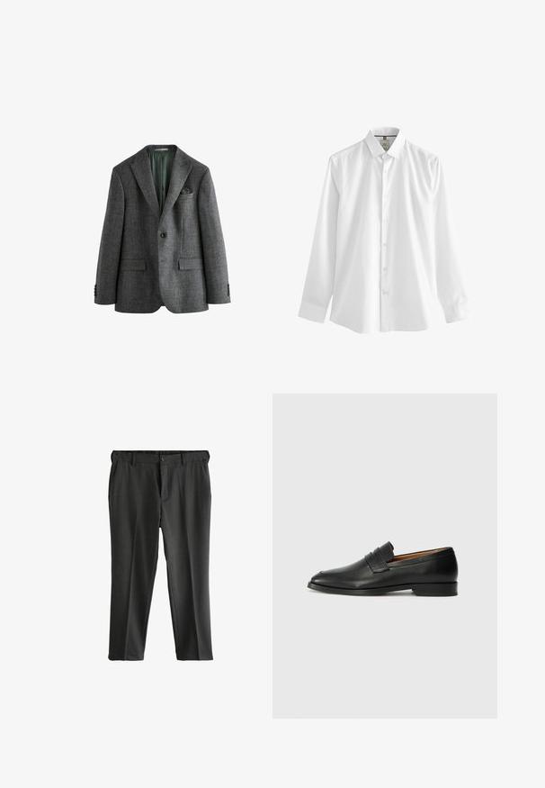Grauer Blazer mit strukturiertem Muster, Kentkragen, Ein-Knopf-Verschluss und zwei Fronttaschen. Das Innenfutter ist grün. Geeignet für formelle Anlässe.; Weißes Langarmhemd aus Baumwolle mit klassischem Kragen, Vorderknopfverschluss und geradem Saum mit Manschetten an den Handgelenken.; Grau maßgeschneiderte Hose mit flachem Frontschnitt, zwei seitlichen Taschen und Knopfverschluss. Glattes Material mit subtiler Textur und gepressten Bügelfalten.; Schwarze Leder-Slipper mit runder Zehenform, dezenten gestickten Details und niedrigem Absatz, ausgestattet mit glatter Textur und minimalistischem Design.