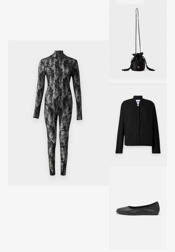 Sort jakke med mandarin-krave, lange ærmer og lige snit. Fremstillet af et tekstureret stof, med en skjult lukning foran.; Sort blonde bodysuit med lange ærmer, høj krave og blomstermønster, der dækker hele overfladen. Tæt siddende design med gennemsigtig tekstur.; Sort læderballetsko med rund tå, glat tekstur, minimal syning og et fleksibelt såldesign.; Sort snørelukket bucket-taske med lang tynd rem og lille gyldent firkantet logo foran, vist mod en ensfarvet baggrund.