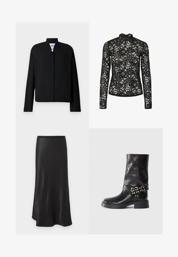 Veste noire avec un col mandarin, des manches longues et une coupe droite. Fabriquée dans un tissu texturé, elle dispose d'une fermeture frontale dissimulée.; Haut en dentelle noire à manches longues avec col haut agrémenté d'une bordure à volants, motifs floraux et texture transparente. Conçu pour un ajustement près du corps.; Jupe midi en satin noir avec une ceinture droite et un léger évasement à l’ourlet, présentée sur fond blanc.; Bottines en cuir noir avec bout rond, talon épais et une sangle décorative ornée de boucles et de clous argentés. Texture lisse.