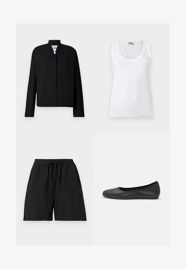 Veste noire avec un col mandarin, des manches longues et une coupe droite. Fabriquée dans un tissu texturé, elle dispose d'une fermeture frontale dissimulée.; Débardeur blanc côtelé sans manches avec encolure dégagée et étiquette de marque au dos du col, présenté sur un fond blanc uni.; Short noir décontracté avec ceinture élastique et cordon à l'avant, avec poches latérales et coupe ample.; Ballerines en cuir noir avec un bout rond, texture lisse, détails de couture minimalistes et design de semelle flexible.