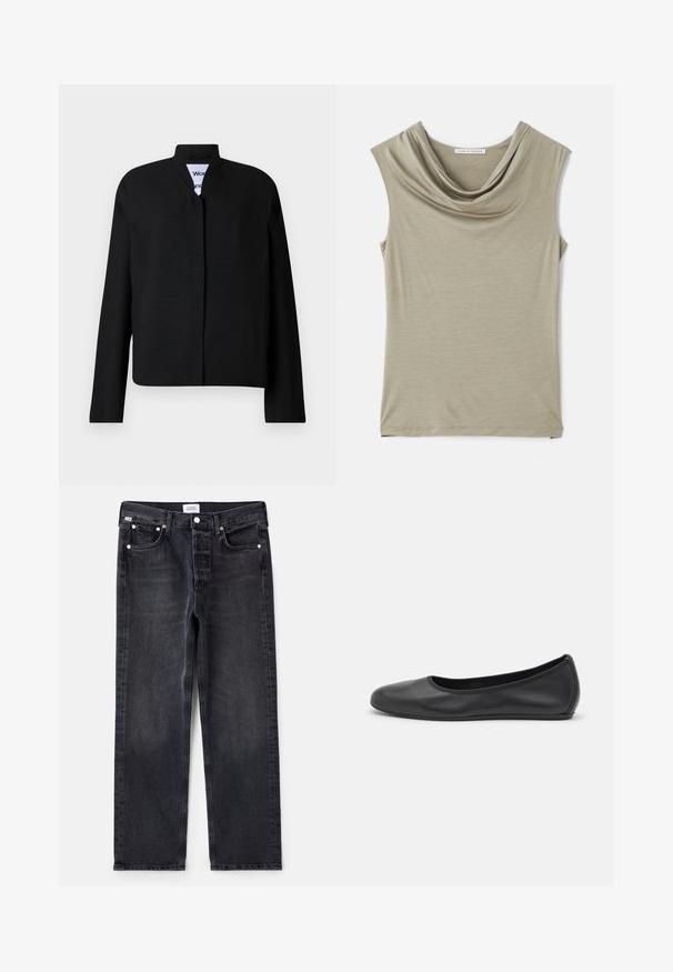 Sort jakke med mandarin-krave, lange ærmer og lige snit. Fremstillet af et tekstureret stof, med en skjult lukning foran.; Cowl neck ærmeløs top i lys beige stof. Blød tekstur, tætsiddende design, med glat drapering ved halsudskæringen og lige kant. ; Sorte denimjeans med lige pasform, fem lommer, sølvhardware og en let falmet tekstur. Klassisk design med minimal detaljering.; Sort læderballetsko med rund tå, glat tekstur, minimal syning og et fleksibelt såldesign.
