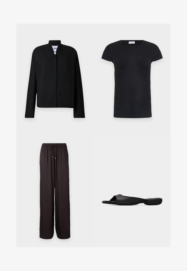 Sort jakke med mandarin-krave, lange ærmer og lige snit. Fremstillet af et tekstureret stof, med en skjult lukning foran.; Sort ribbet T-shirt med rund halsudskæring og korte ærmer. Blødt materiale med en tætsiddende pasform, som har et mærke i nakken.; Sorte, løstsiddende bukser med elastisk talje og snøre med guldfarvede spidser, fuldlængde og lige ben.; Sort åben tå-slide sandal med tekstureret sål og minimalistisk design, set fra siden på en ensartet lys grå baggrund.