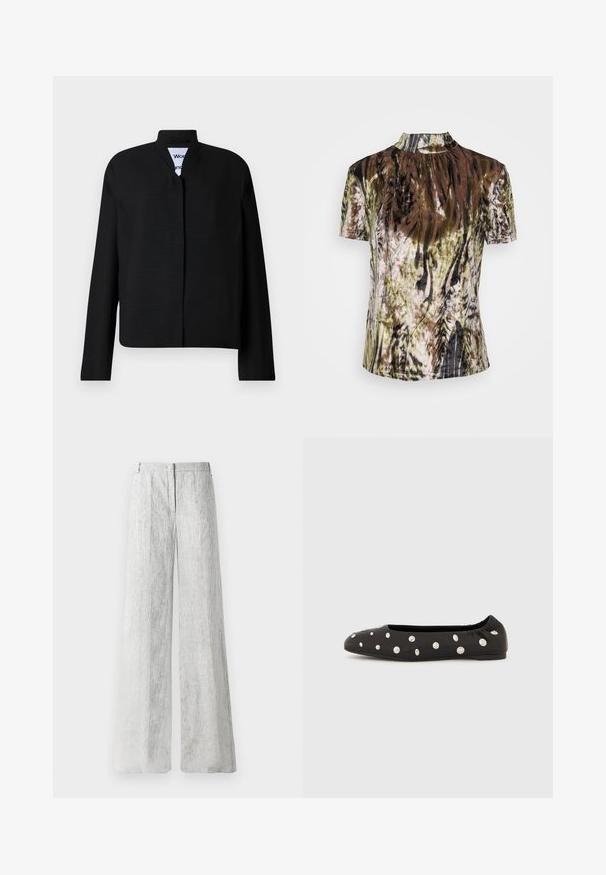 Sort jakke med mandarin-krave, lange ærmer og lige snit. Fremstillet af et tekstureret stof, med en skjult lukning foran.; IKKS T-shirts print - beige clair; Lys grå, brede bukser lavet af et tekstureret stof med subtile lodrette linjer. Har en frontlynlås og bæltestropper.; Sort ballerinasko med elastisk bag på skaftet og spredte store sølvfarvede runde nitter på overdelen, vist i profil mod en hvid baggrund.