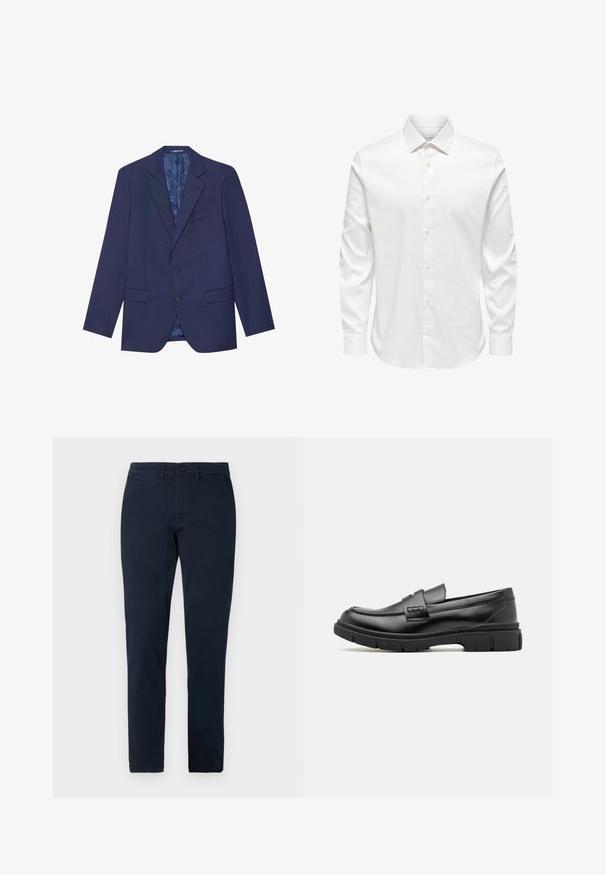 Dunkelblaues Blazer mit zwei Knöpfen, Revers und zwei Vordertaschen. Die Innenseite hat ein gemustertes Futter. Strukturierter Stoff.; Weißes Herrenhemd mit langen Ärmeln, spitzem Kragen und einer vorderen Reihe weißer Knöpfe auf einfarbigem Hintergrund.; Herren Slim-Fit schwarze Hose mit vorderem Knopf- und Reißverschluss, Gürtelschlaufen und Seitentaschen.; Schwarze Lederloafer mit einem breiten Riemen über dem Rist, Gummisohle mit dicken Profilen und glatter Textur. Klassisches, schlankes Design.