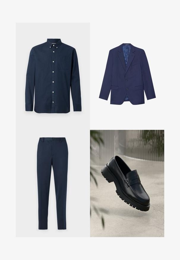 Marineblauwe blazer met twee knopen, spitser revers en twee voorzakken. Het interieur heeft een gestreepte voering. Textuurstof.; Navyblauwe langemma shirt van lichtgewicht stof met een button-down kraag, een voorzak en witte knopen. Soepele textuur.; Marineblauwe op maat gemaakte broeken met een rechtvallende fit, voorzien van een knoopsluiting en riemlussen. Gemaakt van glad, lichtgewicht materiaal.; Zwarte leren instappers met een chunky loopzool, voorzien van een decoratieve band en stikseldetails. Gladde textuur met een gepolijste afwerking.