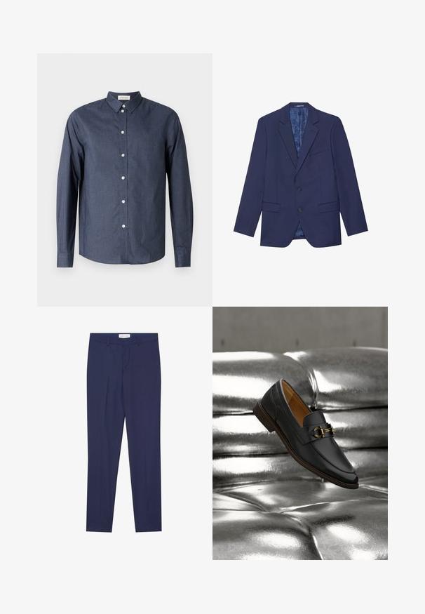 Blazer bleu marine avec deux boutons, revers en pointe et deux poches avant. L'intérieur présente une doublure à motifs. Tissu texturé.; Chemise boutonnée à manches longues bleu marine en tissu lisse ; elle présente un col classique, des boutons blancs et un ourlet incurvé.; Pantalons de costume navy en tissu lisse, dotés d'un devant plat, de deux poches latérales, d'une fermeture éclair et d'un ourlet net sans motifs ni accents.; Mocassin en cuir noir avec détail de boucle dorée flottant au-dessus d'une surface capitonnée argentée métallique brillante.