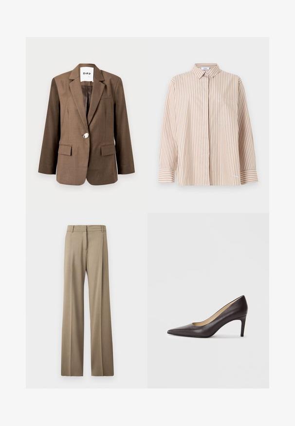 Brun blazer lavet af tekstureret stof, med en enkelt sølvknap, hakkede revers og to forlommer med en skræddersyet pasform.; Beige og hvid langærmet skjorte med vertikale striber, krave, forlommer, knaplukning på ærmerne og skjulte knapper foran.; Vide benbukser i et lysebrunt stof. Har en glat tekstur, pænt pressede folder og en flad frontbluse design.; Brun læderhøjhælet sko med spids snude og en slank hæl på 7 cm, glat tekstur og minimalistisk design. Ingen synlige pynt.