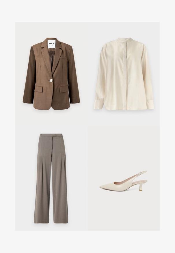 Blazer marron en tissu texturé, avec un unique bouton argenté, des revers crantés et deux poches avant, coupe ajustée.; Blouse crème à manches longues avec col montant, patte de boutonnage cachée et un seul bouton visible en haut.; Pantalons à jambe large en tissu marron clair, dotés de plis, d'un devant plat et d'un ourlet net. Texture lisse avec un léger éclat.; Chaussure slingback couleur crème à bout pointu avec un petit talon bas incurvé et une bride réglable à boucle.