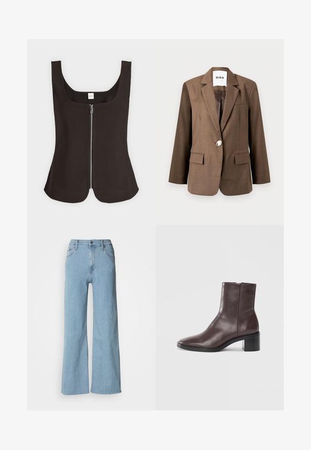 Blazer marron en tissu texturé, avec un unique bouton argenté, des revers crantés et deux poches avant, coupe ajustée.; Top noir sans manches avec col carré et fermeture éclair argentée devant, ourlet légèrement évasé, étiquette Calvin Klein à l'intérieur du col arrière.; Jeans en denim bleu clair à jambes larges, avec une taille cintrée, un design à cinq poches et des détails de couture subtils.; Bottine en cuir marron foncé avec un orteil carré, un talon bloc et un logo embossé subtil près du haut sur fond blanc uni.