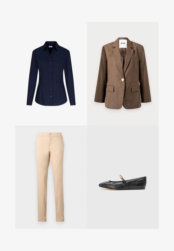 Brun blazer lavet af tekstureret stof, med en enkelt sølvknap, hakkede revers og to forlommer med en skræddersyet pasform.; Seidensticker BUSINESS SLIM FIT - Skjortebluser - dunkelblau; Beige slim-fit bukser med bærestropper, knaplukning foran og sidelommer, vist på en ensartet lys baggrund.; Sorte læder balletflade med spids tå, slank rem og en lille guldfinisher nær remmen. Glat tekstur og lav hæl.