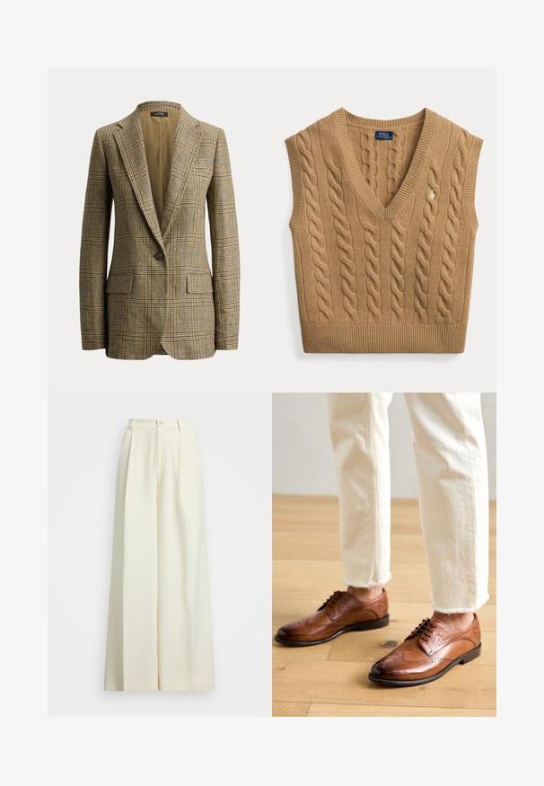 Blazer de cuadros marrón y beige con un solo botón, solapas con muesca y bolsillos delanteros con solapa, mostrado sobre un fondo blanco liso.; Chaleco de punto sin mangas con escote en V en color camel marrón con etiqueta Polo Ralph Lauren y pequeño logo bordado en la parte delantera.; Pantalones de pierna ancha en tejido blanco roto, con cintura alta, pinzas dobles y cierre de botón. Textura suave y diseño a medida.; Zapatos brogue de cuero marrón con detalles perforados, punta redondeada y un acabado suave, combinados con pantalones de color crema con dobladillo desflecado.