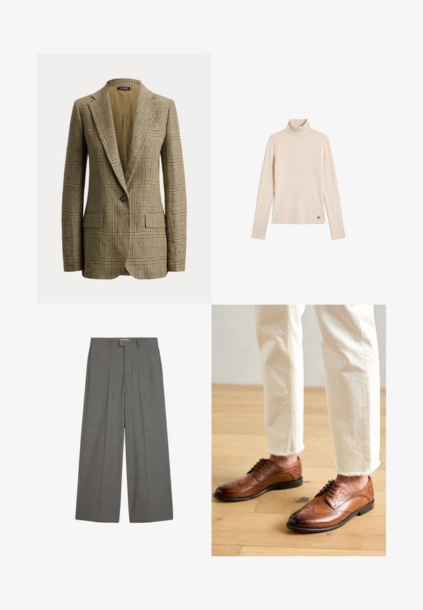 Blazer à carreaux marron et beige à un seul bouton, avec revers à crans et poches avant à rabat, présenté sur un fond blanc uni.; Pull beige côtelé à col roulé manches longues avec un petit patch logo près de l'ourlet inférieur sur fond blanc.; Pantalon gris à rayures avec un design à jambes larges, présentant un devant plat et deux poches latérales, fabriqué en tissu lisse.; Chaussures brogues en cuir marron avec des détails perforés, bout arrondi et finition lisse, associées à un pantalon crème à ourlet effiloché.