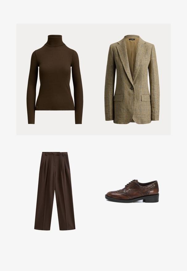 Blazer de cuadros marrón y beige con un solo botón, solapas con muesca y bolsillos delanteros con solapa, mostrado sobre un fondo blanco liso.; Jersey de cuello alto acanalado de manga larga en marrón oscuro con silueta ajustada y pequeño logo cerca del dobladillo inferior en el lado frontal izquierdo.; Pantalones marrones de pierna ancha con pliegues, banda plana en la cintura y trabillas para cinturón; textura suave y diseño a medida. Ideales para un uso casual o formal.; Zapato de vestir de cuero marrón con diseño de punta de ala, detalles perforados, puntera redonda y suela de goma negra. Presenta un cierre clásico con cordones.