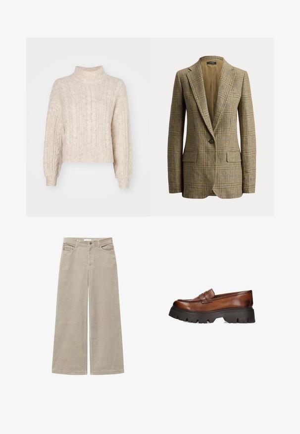 Bruin en beige geruit colbert met één knoop, notch-revers en voorflapzakken, weergegeven op een effen witte achtergrond.; Crème-kleurige cropped trui met een hoge nek, met een getextureerd kabelbreipatroon en lange, iets pofmouwen.; Beige corduroy wijde broekspijpen met een geribbelde structuur, voorzien van vijf zakken en een knoopsluiting aan de voorkant. De zoom is netjes afgebiesd.; Bruine leren instappers met een chunky zwarte platformzool. Heeft een ronde neus en een decoratieve band over de voorkant.